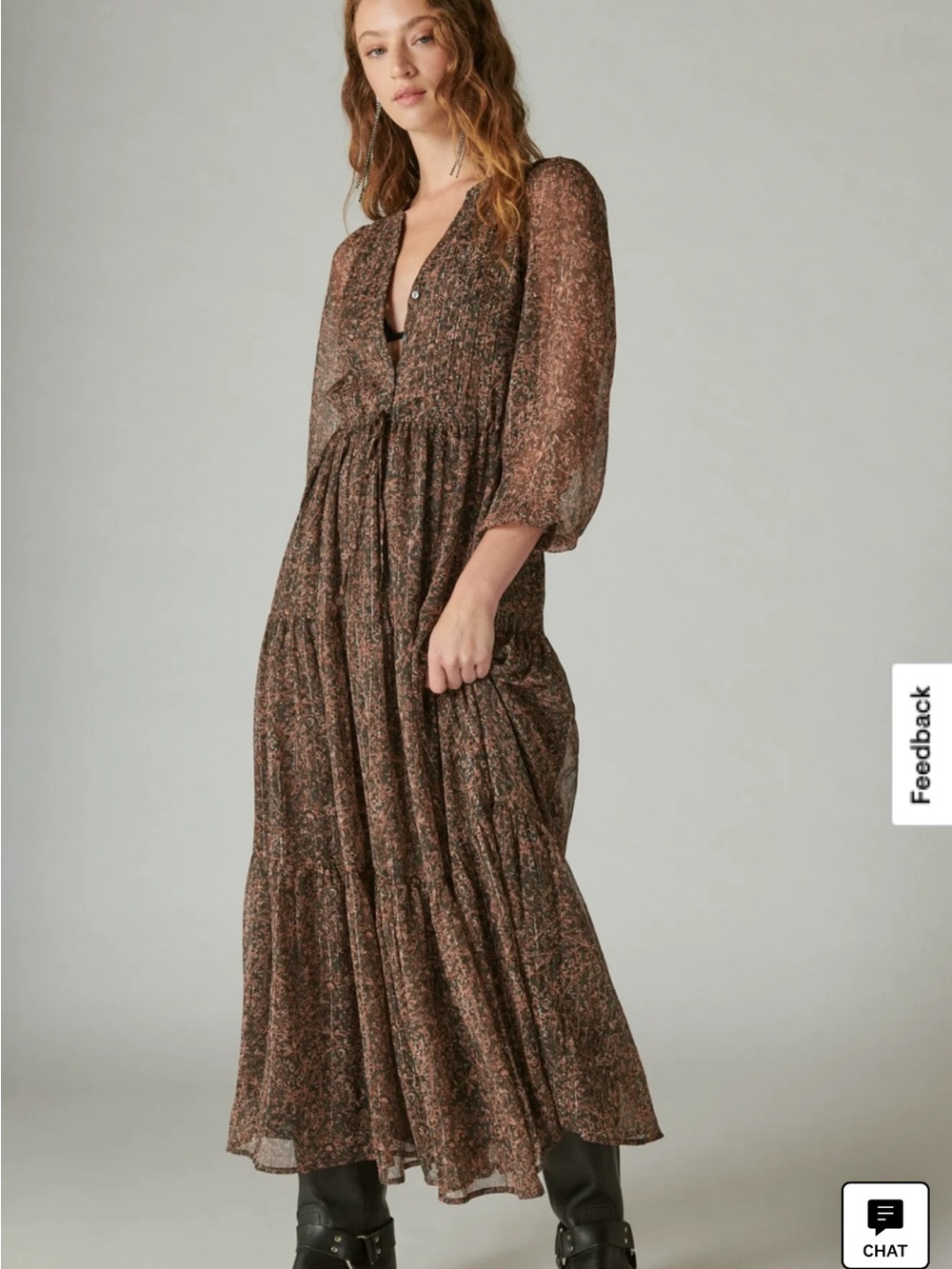LIKE NEW Lucky Brand Floral Shine Tiered Chiffon Maxi Dress